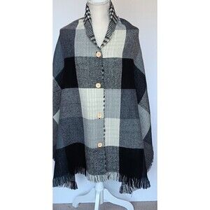 Demdaco Soft Black Gray Cream Plaid Scarf w/Buttons
